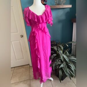 Zara Fuchsia Ruffle V-Neck Maxi Dress NWT Small